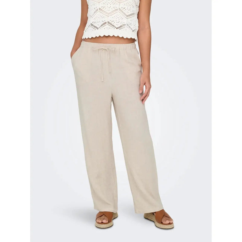 Pantalon beige à jambes larges en lin et viscose, taille élastiquée avec cordon de serrage et tissu fluide et doux, idéal pour le printemps-été. Only Femmes