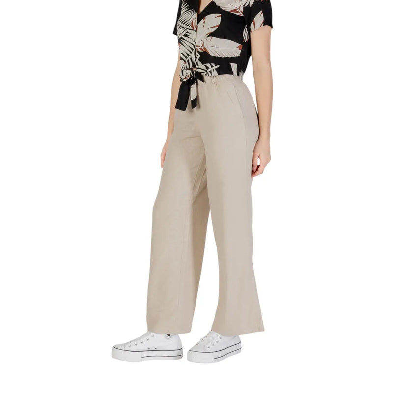 Only Pantalon large en lin et viscose beige pour femme, coupe décontractée et plis discrets à la taille, idéal pour le printemps-été, taille M