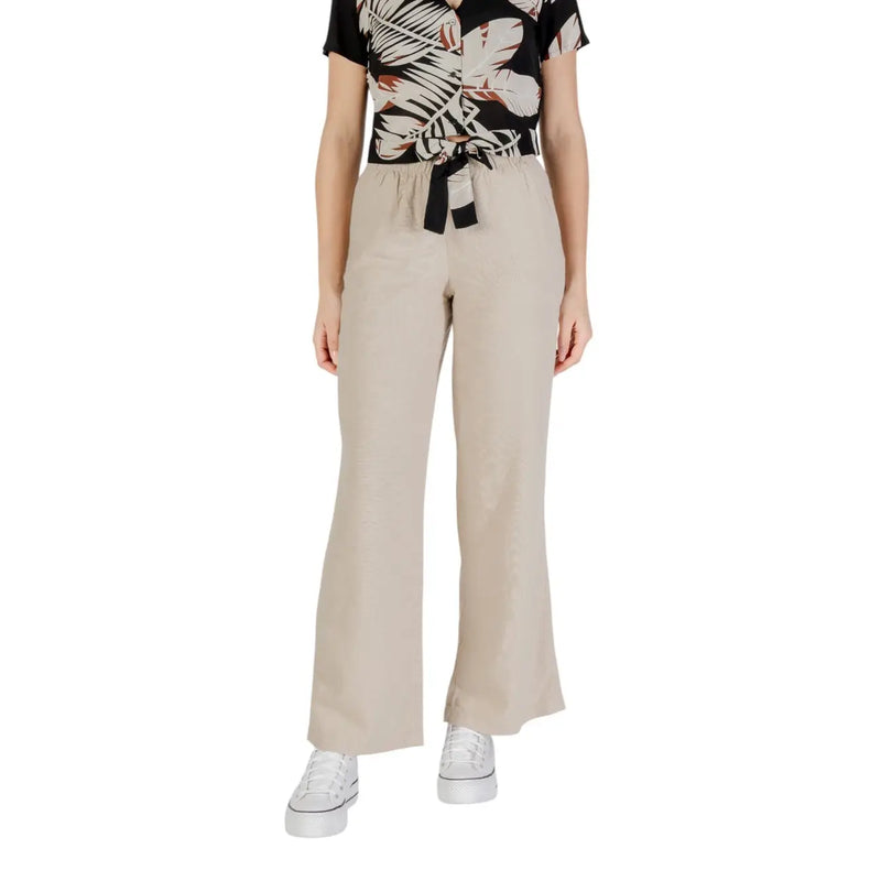 Pantalon beige à jambes larges en lin et viscose, taille élastiquée avec cordon de serrage et détail de nœud noir, idéal pour le printemps-été, taille M.