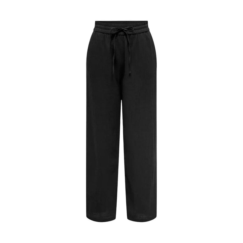 Pantalon noir en coton à jambes larges pour femme, avec taille élastiquée à cordon et détails en dentelle. Only