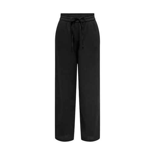 Pantalon noir en coton à jambes larges pour femme, avec taille élastiquée à cordon et détails en dentelle. Only