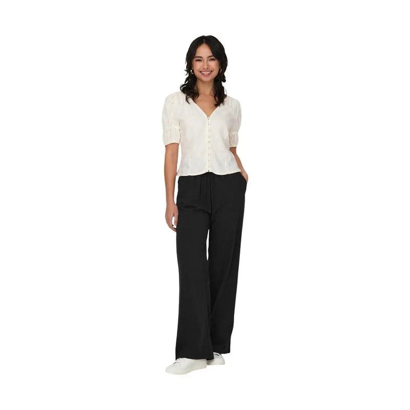 pantalon large en coton noir Only Pantalon pour femme avec détails en dentelle et taille élastiquée à cordon de serrage, coupe décontractée