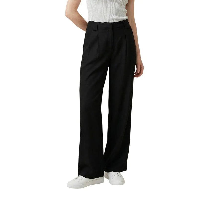 Pantalon taille haute à jambes larges en lin et viscose noir, avec plis sur le devant et coupe droite, idéal pour le printemps et l'été.