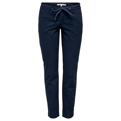 Pantalon bleu marine en coton tissé à cordon de serrage pour femme, avec ceinture en cordon tressé, idéal pour le printemps et l'été.