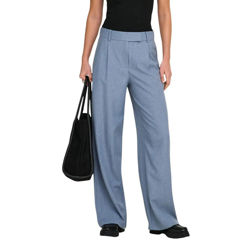 polyester bleu clair only Pantalon pour femme à jambes larges, coupe ajustée, fermeture éclair et plis verticaux discrets à la taille