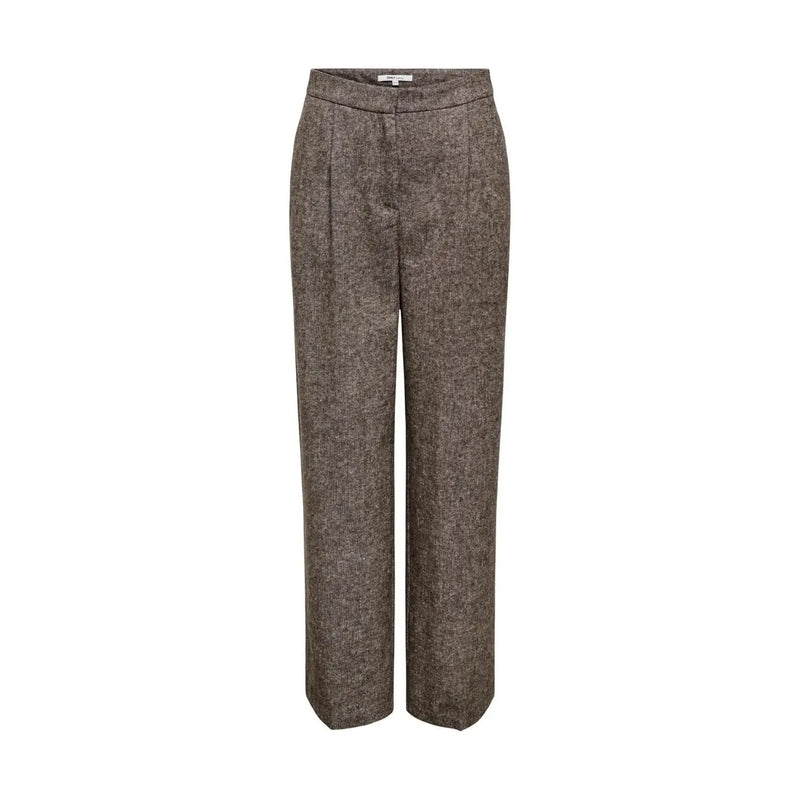 Only Pantalon gris en polyester pour femme, à jambes larges, taille haute et plis sur le devant, motif à chevrons marron, idéal pour l'automne et l'hiver.