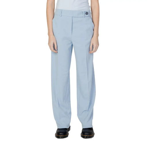 bleu clair Only Pantalon tailleur pour femme en polyester, coupe droite et ceinture à un bouton