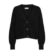 Black textured knit v neck cardigan with three dark buttons and only brand label made of white acrylic for women