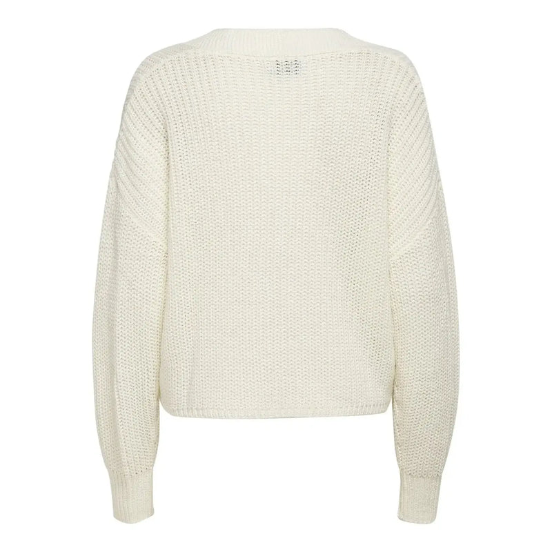 Cream-colored loose-fitting knit sweater with ribbed pattern and long sleeves for women made of acrylic