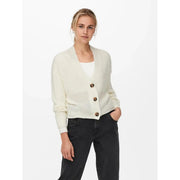 Cream-colored knitted v-neck button cardigan for women made of white acrylic with wooden buttons