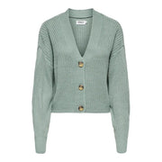 Only women white acrylic v neck button cardigan in soft mint green textured knit with three wooden buttons