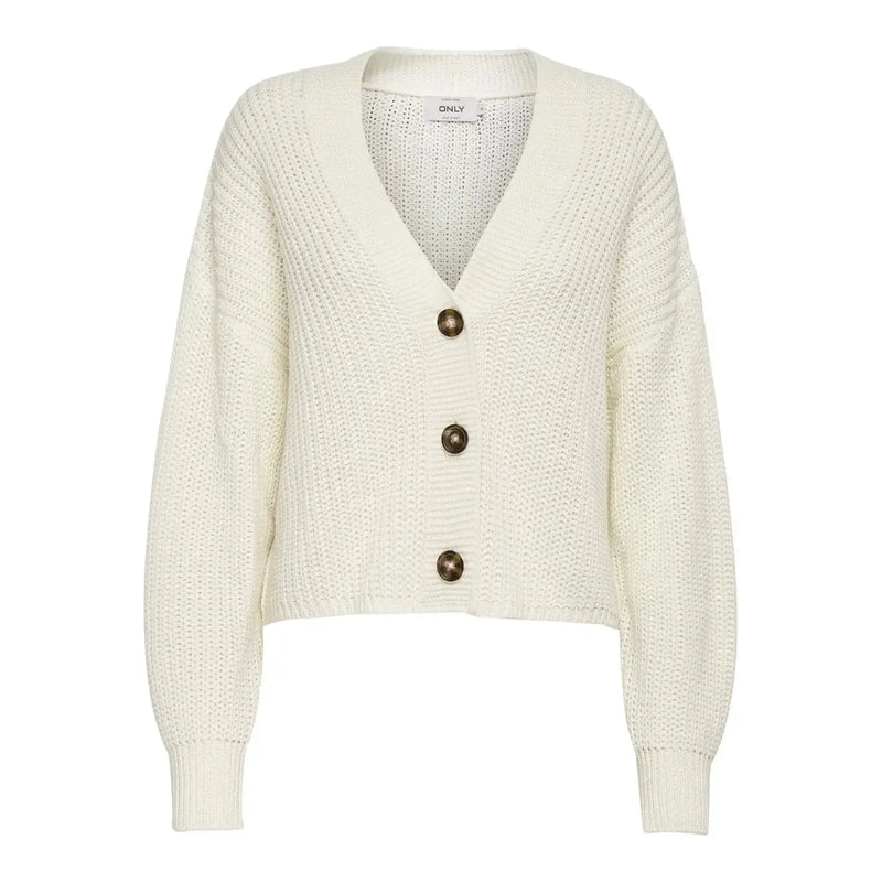 Cream-colored ribbed knit acrylic v neck button cardigan for women with three dark brown buttons by Only