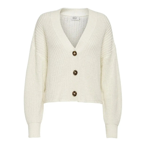 Gilet en maille côtelée acrylique couleur crème à col en V et boutons trois boutons marron foncé pour femme par Only