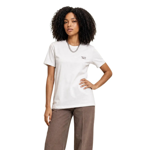 Only T-shirt blanc en coton pour femme, col rond court, taille S, avec un petit logo noir brodé sur la poitrine gauche.