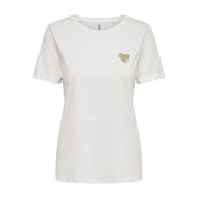 Only Women white round neck cotton short t shirt featuring a delicate gold glitter heart embroidered on the left chest