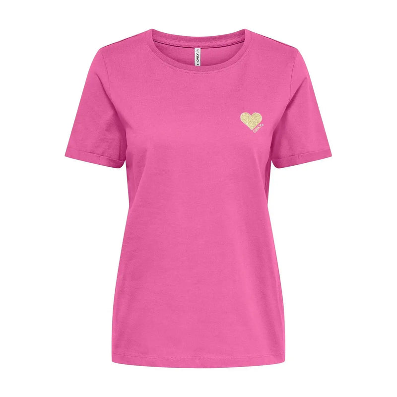 Only women white round neck cotton short t shirt featuring a vibrant pink color with a small glittery gold heart embroidery