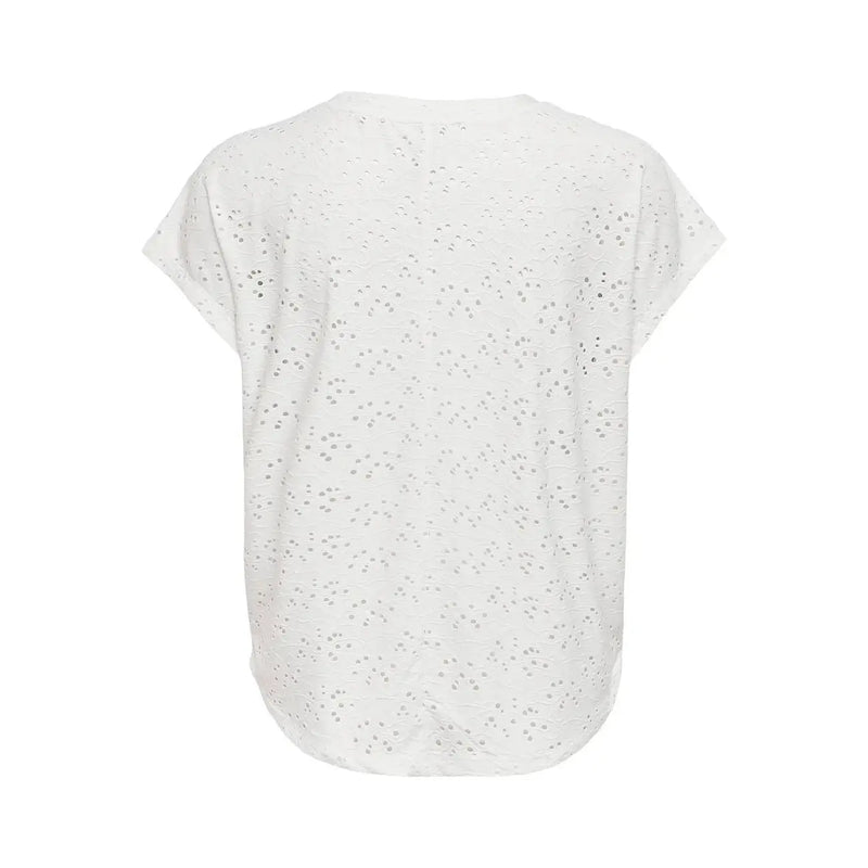 White eyelet polyester t shirt with short sleeves and round neckline by Only women size S front view