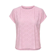 A soft pink short-sleeved polyester top with delicate eyelet pattern similar to only women white round neck t shirt size s