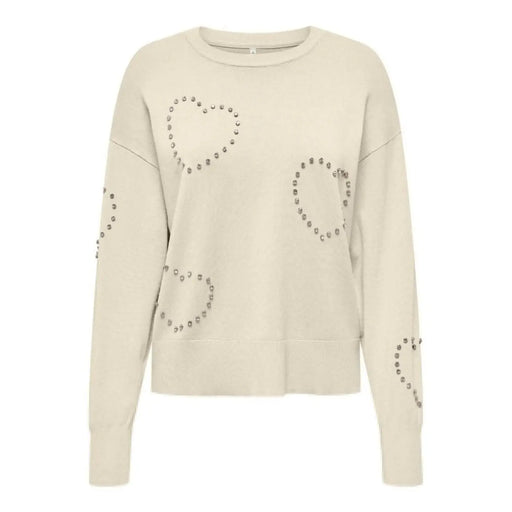 Pull en maille viscose couleur crème à col rond orné de clous argentés en forme de cœur et de cercle pour femme