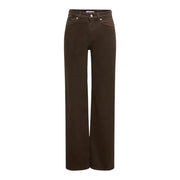 Only Jean large pour femme en coton marron, taille haute, denim marron foncé et finitions argentées.