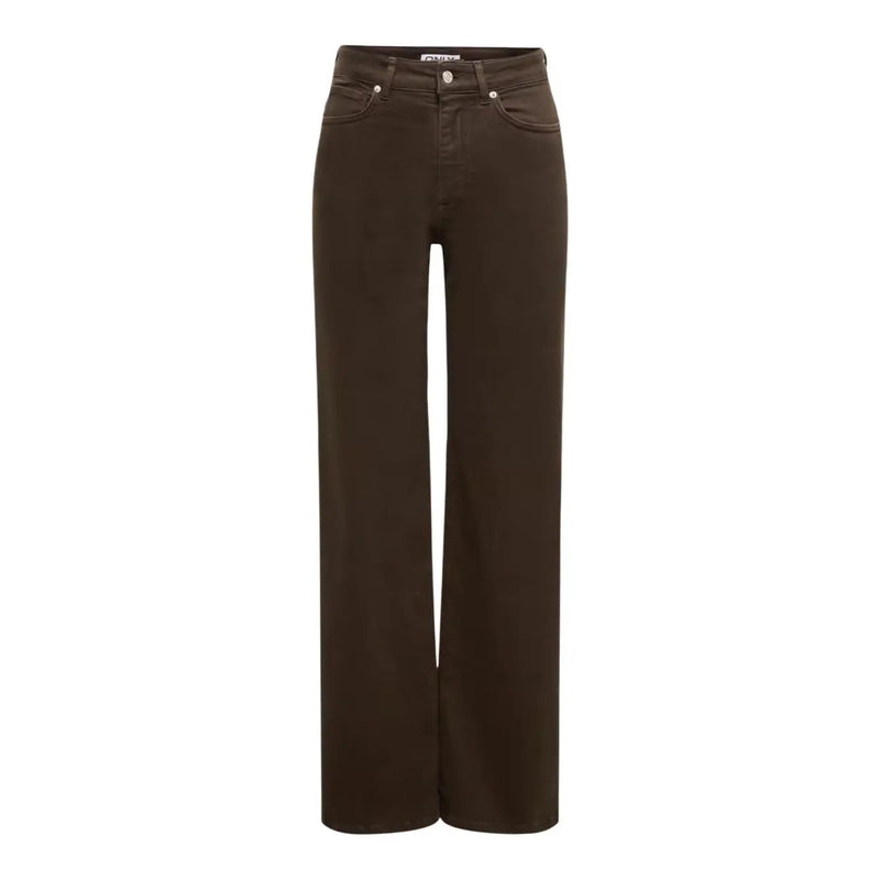 Only Jean large pour femme en coton marron, taille haute, denim marron foncé et finitions argentées.
