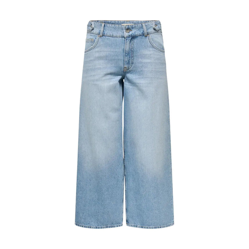 Only Jean large en coton bleu clair pour femme, en denim délavé clair, coupe classique cinq poches et fermeture boutonnée