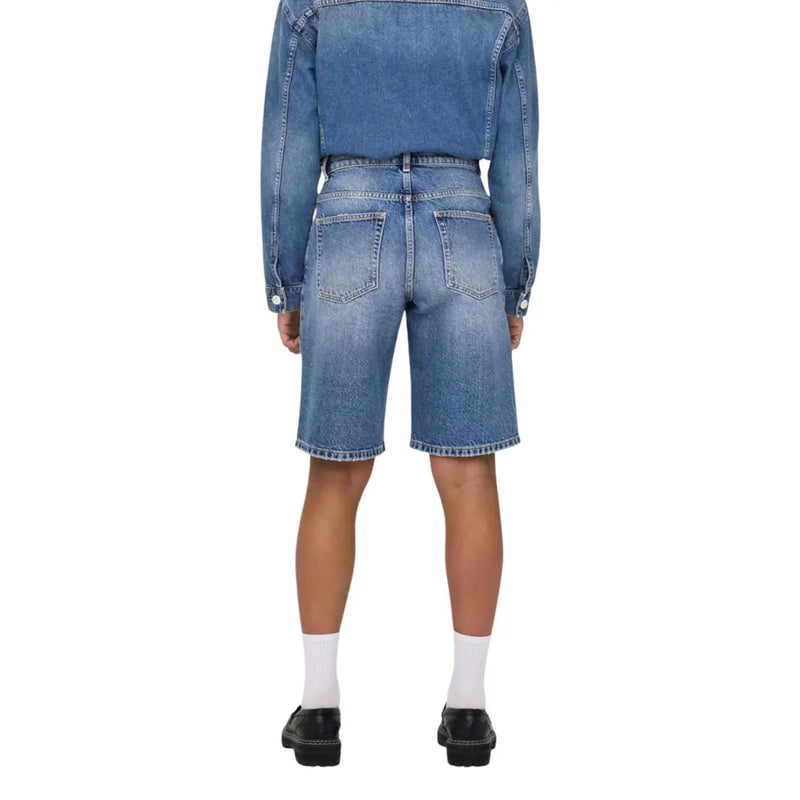 Only womens blue denim shorts with a faded wash classic stitching made from organic cotton for a comfortable fit