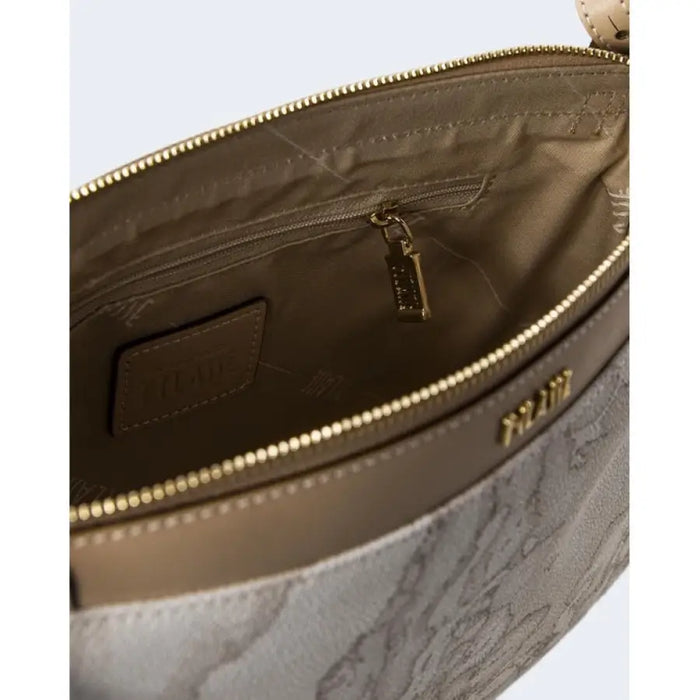 Open beige handbag with gold zipper featuring the Beige Map Pattern Crossbody Handbag