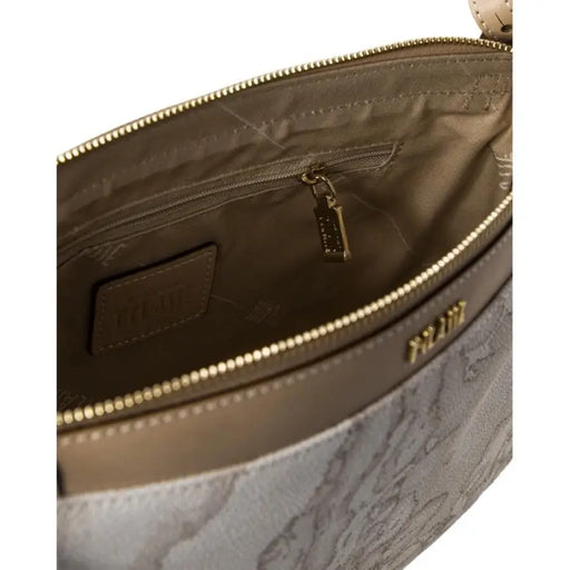 Open beige handbag with gold zipper showcasing beige map pattern Crossbody Handbag