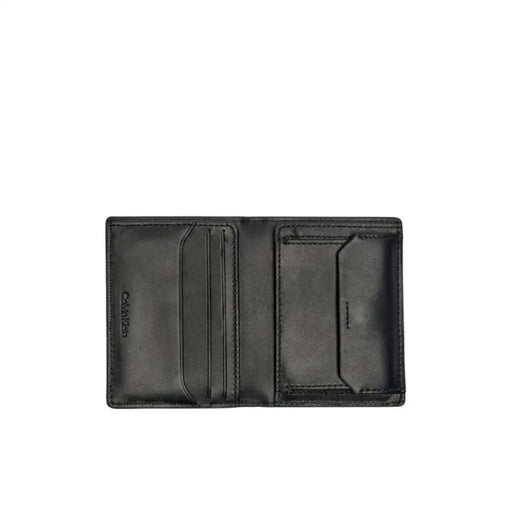 Open black leather wallet showcasing Calvin Klein Men’s Black Printed Leather Wallet design