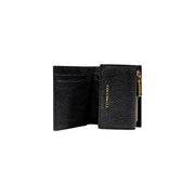Elegant black leather wallet open to reveal multiple card slots and cash compartment