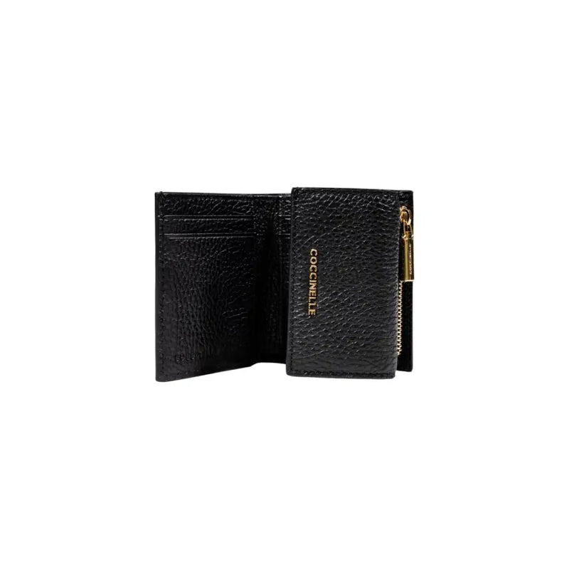 Elegant black leather wallet open to reveal multiple card slots and cash compartment
