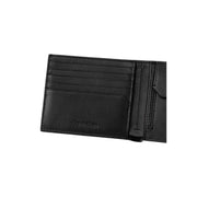 Open black leather wallet featuring CK pattern for stylish storage