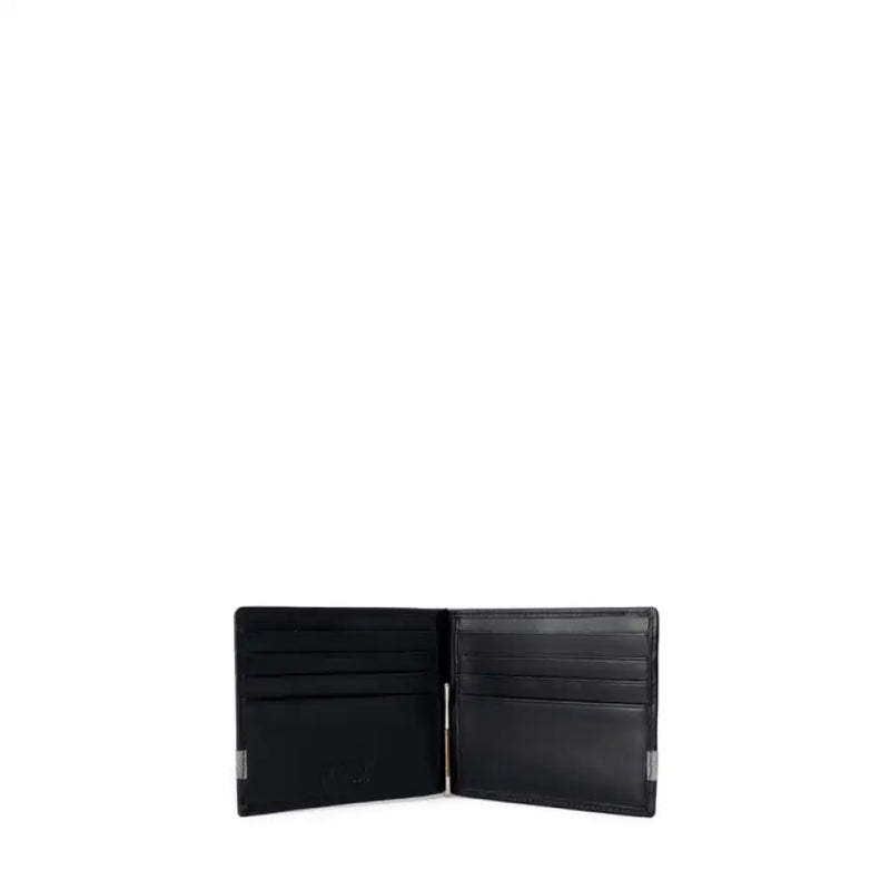 Open black leather wallet with patterned stripe and money clip on white background