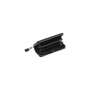 Open black leather zipper wallet from Tommy Hilfiger displaying interior compartments