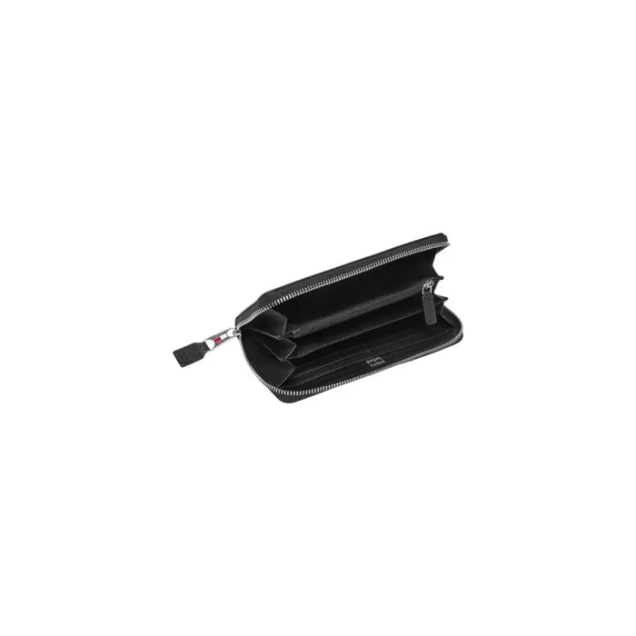 Open black leather zipper wallet from Tommy Hilfiger displaying interior compartments