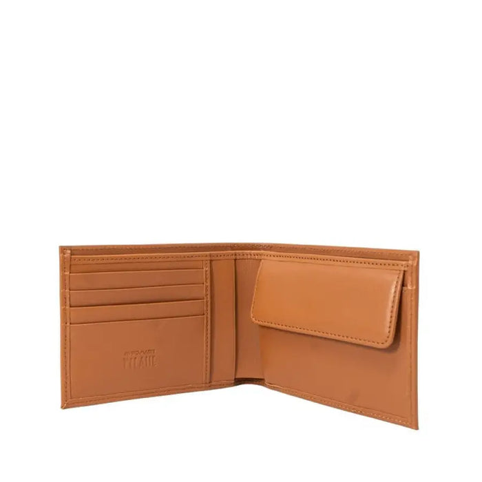 Open brown leather wallet featuring a detailed map design for stylish organization