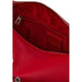 Open red leather shoulder bag with silver grommets displayed prominently