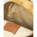 Open tan World Map Patterned Backpack interior with brown leather straps