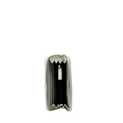 Open white zippered wallet showing multiple compartments and a sleek rectangular design