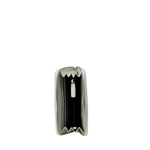 Open white zippered wallet showing multiple compartments and a sleek rectangular design