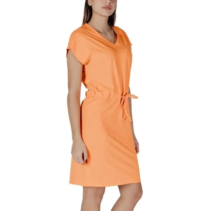 Orange drawstring dress for women by B.young featuring a V-neck and short length
