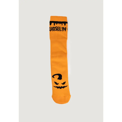Orange Halloween-themed sock with black lettering for festive seasonal wear