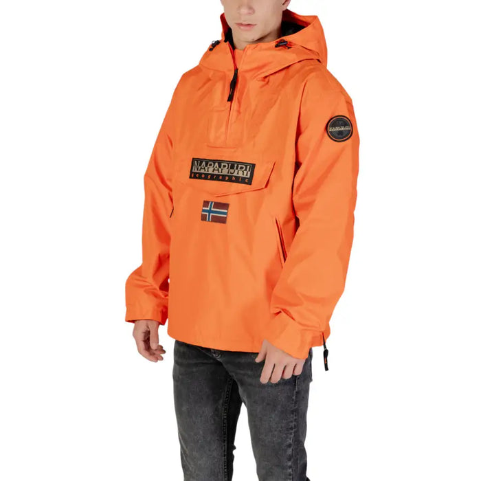 Orange hooded anorak displayed, ideal for outdoor activities and weather protection