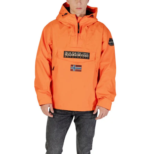 Orange Hooded Anorak displayed with a bright orange hooded jacket for outdoor wear