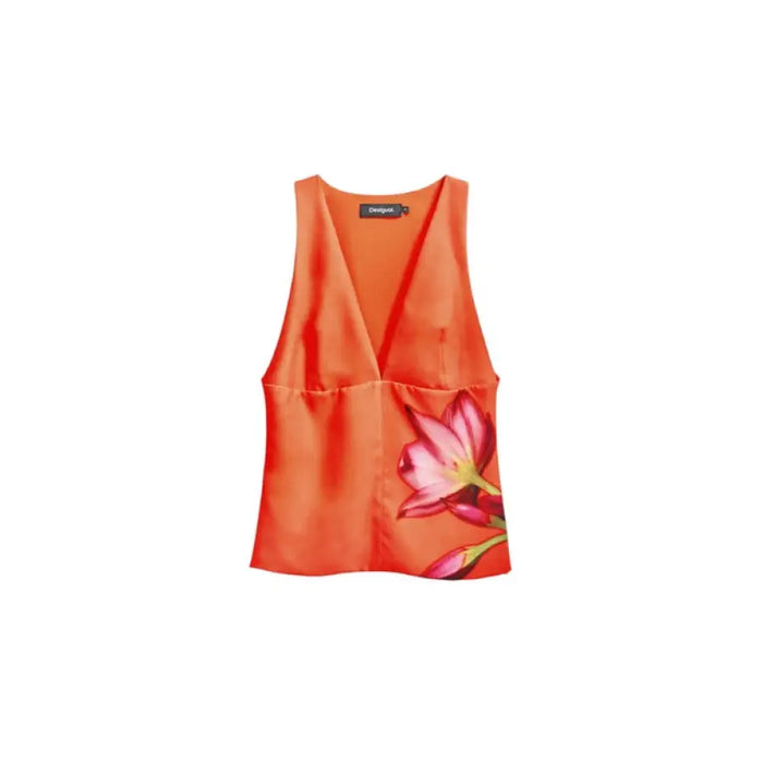 Orange sleeveless top with floral print and V neck design