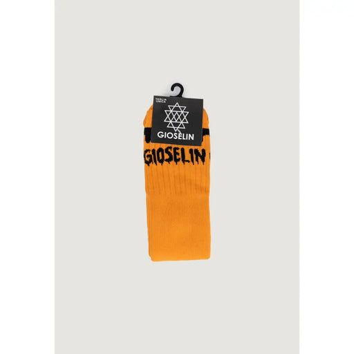Orange Halloween-themed socks with black lettering and festive design elements