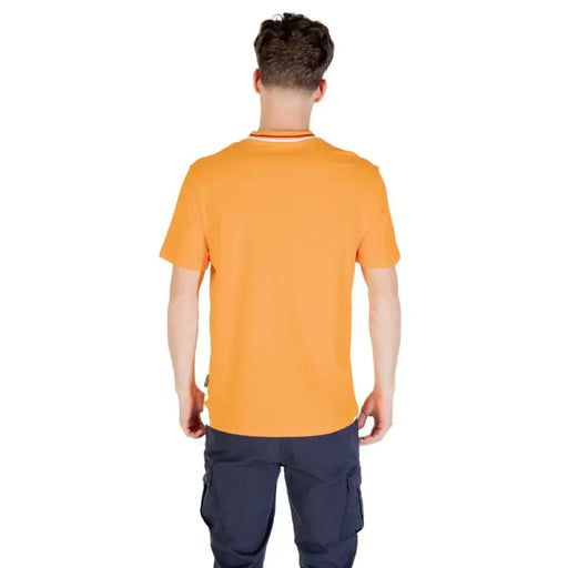 Orange crewneck T shirt featuring a striped collar for a stylish and casual look