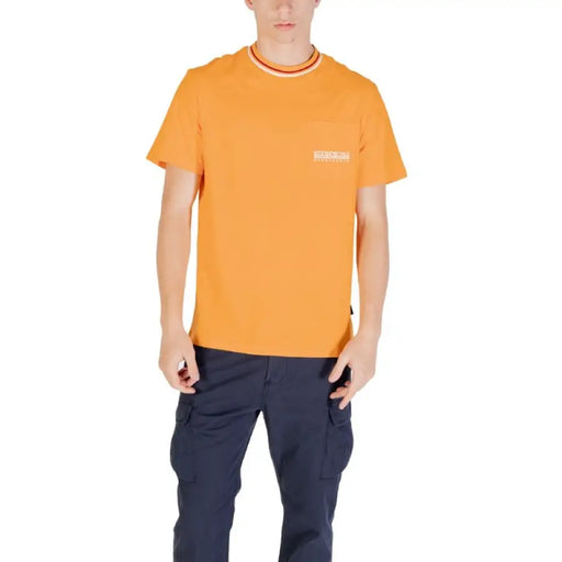 Orange Crewneck T Shirt with Striped Collar displayed in a product image