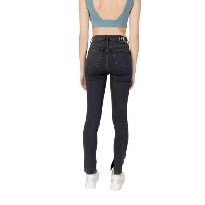 Calvin Klein high-waist dark skinny jeans with split hem ankles for women